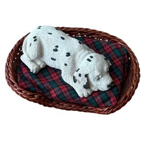 Vintage Sandicast Lil Snoozers‎ White Dalmatian w/Wicker Bed 1988 4" USA